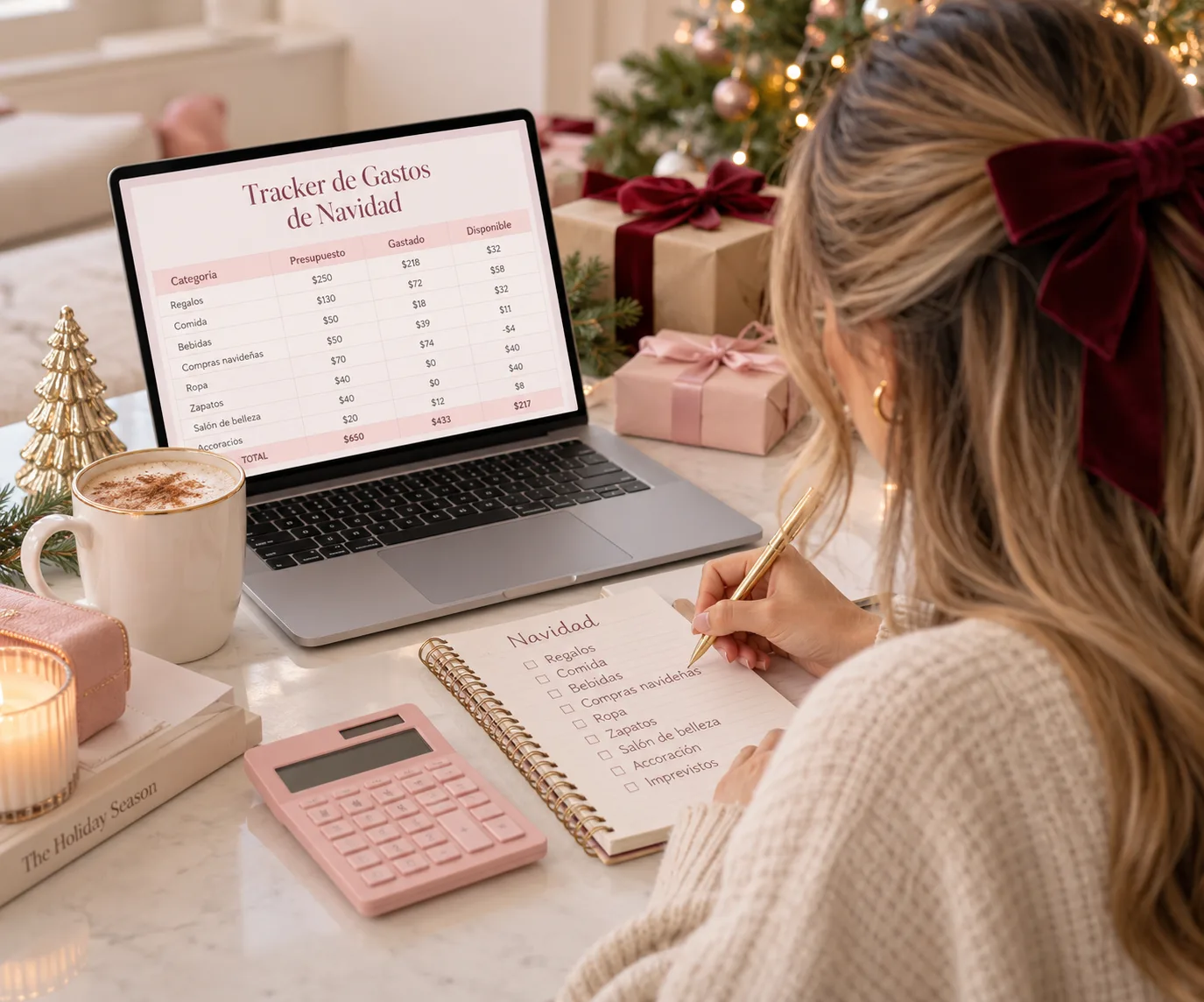 Mujer organizando su presupuesto de Navidad en una laptop con el Tracker de Gastos y una libreta con categorías
