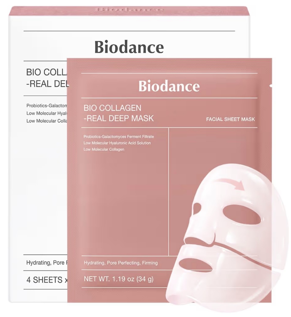 Mascarilla facial de hidrogel en su empaque sobre fondo rosa claro